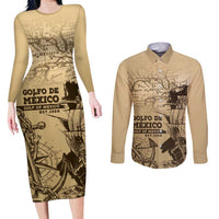Gulf Of Mexico Vintage Map Est.1550 Couples Matching Long Sleeve Bodycon Dress and Long Sleeve Button Shirt