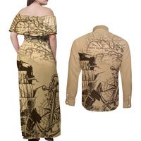 Gulf Of Mexico Vintage Map Est.1550 Couples Matching Off Shoulder Maxi Dress and Long Sleeve Button Shirt