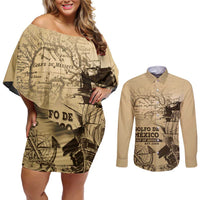 Gulf Of Mexico Vintage Map Est.1550 Couples Matching Off Shoulder Short Dress and Long Sleeve Button Shirt