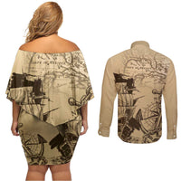Gulf Of Mexico Vintage Map Est.1550 Couples Matching Off Shoulder Short Dress and Long Sleeve Button Shirt