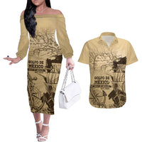 Gulf Of Mexico Vintage Map Est.1550 Couples Matching Off The Shoulder Long Sleeve Dress and Hawaiian Shirt