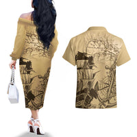 Gulf Of Mexico Vintage Map Est.1550 Couples Matching Off The Shoulder Long Sleeve Dress and Hawaiian Shirt