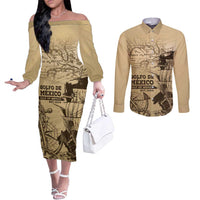 Gulf Of Mexico Vintage Map Est.1550 Couples Matching Off The Shoulder Long Sleeve Dress and Long Sleeve Button Shirt