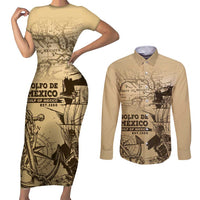 Gulf Of Mexico Vintage Map Est.1550 Couples Matching Short Sleeve Bodycon Dress and Long Sleeve Button Shirt