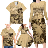 Gulf Of Mexico Vintage Map Est.1550 Family Matching Long Sleeve Bodycon Dress and Hawaiian Shirt