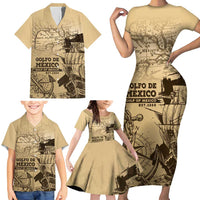 Gulf Of Mexico Vintage Map Est.1550 Family Matching Short Sleeve Bodycon Dress and Hawaiian Shirt