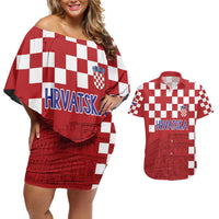 Croatia Football 2025 Custom Couples Matching Off Shoulder Short Dress and Hawaiian Shirt Red Hrvatska Kockasti - Pula Arena