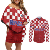 Croatia Football 2025 Custom Couples Matching Off Shoulder Short Dress and Long Sleeve Button Shirt Red Hrvatska Kockasti - Pula Arena