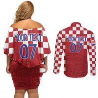 Croatia Football 2025 Custom Couples Matching Off Shoulder Short Dress and Long Sleeve Button Shirt Red Hrvatska Kockasti - Pula Arena