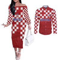 Croatia Football 2025 Custom Couples Matching Off The Shoulder Long Sleeve Dress and Long Sleeve Button Shirt Red Hrvatska Kockasti - Pula Arena