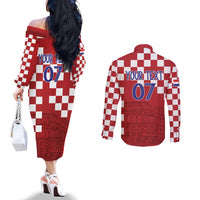 Croatia Football 2025 Custom Couples Matching Off The Shoulder Long Sleeve Dress and Long Sleeve Button Shirt Red Hrvatska Kockasti - Pula Arena