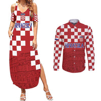 Croatia Football 2025 Custom Couples Matching Summer Maxi Dress and Long Sleeve Button Shirt Red Hrvatska Kockasti - Pula Arena