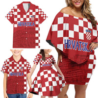 Croatia Football 2025 Custom Family Matching Off Shoulder Short Dress and Hawaiian Shirt Red Hrvatska Kockasti - Pula Arena