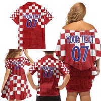 Croatia Football 2025 Custom Family Matching Off Shoulder Short Dress and Hawaiian Shirt Red Hrvatska Kockasti - Pula Arena
