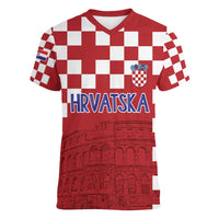 Croatia Football 2025 Custom Women V-Neck T-Shirt Red Hrvatska Kockasti - Pula Arena