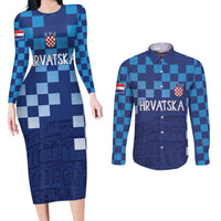 Croatia Football 2025 Custom Couples Matching Long Sleeve Bodycon Dress and Long Sleeve Button Shirt Blue Hrvatska Kockasti - Pula Arena