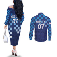 Croatia Football 2025 Custom Couples Matching Off The Shoulder Long Sleeve Dress and Long Sleeve Button Shirt Blue Hrvatska Kockasti - Pula Arena