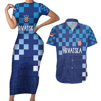 Croatia Football 2025 Custom Couples Matching Short Sleeve Bodycon Dress and Hawaiian Shirt Blue Hrvatska Kockasti - Pula Arena
