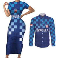 Croatia Football 2025 Custom Couples Matching Short Sleeve Bodycon Dress and Long Sleeve Button Shirt Blue Hrvatska Kockasti - Pula Arena