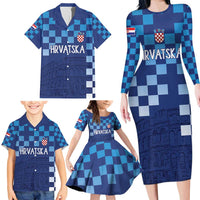 Croatia Football 2025 Custom Family Matching Long Sleeve Bodycon Dress and Hawaiian Shirt Blue Hrvatska Kockasti - Pula Arena