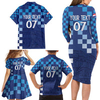 Croatia Football 2025 Custom Family Matching Long Sleeve Bodycon Dress and Hawaiian Shirt Blue Hrvatska Kockasti - Pula Arena