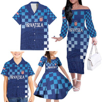 Croatia Football 2025 Custom Family Matching Off The Shoulder Long Sleeve Dress and Hawaiian Shirt Blue Hrvatska Kockasti - Pula Arena