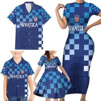 Croatia Football 2025 Custom Family Matching Short Sleeve Bodycon Dress and Hawaiian Shirt Blue Hrvatska Kockasti - Pula Arena
