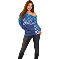 Croatia Football 2025 Custom Off Shoulder Sweater Blue Hrvatska Kockasti - Pula Arena