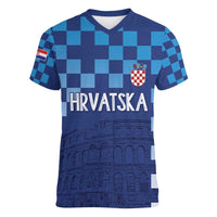 Croatia Football 2025 Custom Women V-Neck T-Shirt Blue Hrvatska Kockasti - Pula Arena