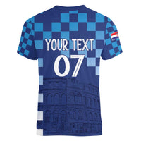 Croatia Football 2025 Custom Women V-Neck T-Shirt Blue Hrvatska Kockasti - Pula Arena
