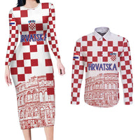 Croatia Football 2025 Custom Couples Matching Long Sleeve Bodycon Dress and Long Sleeve Button Shirt White Hrvatska Kockasti - Pula Arena