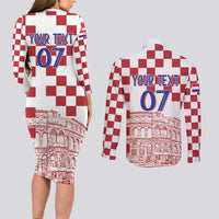 Croatia Football 2025 Custom Couples Matching Long Sleeve Bodycon Dress and Long Sleeve Button Shirt White Hrvatska Kockasti - Pula Arena