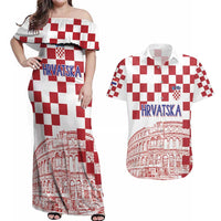Croatia Football 2025 Custom Couples Matching Off Shoulder Maxi Dress and Hawaiian Shirt White Hrvatska Kockasti - Pula Arena
