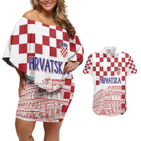 Croatia Football 2025 Custom Couples Matching Off Shoulder Short Dress and Hawaiian Shirt White Hrvatska Kockasti - Pula Arena