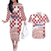 Croatia Football 2025 Custom Couples Matching Off The Shoulder Long Sleeve Dress and Hawaiian Shirt White Hrvatska Kockasti - Pula Arena