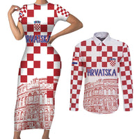Croatia Football 2025 Custom Couples Matching Short Sleeve Bodycon Dress and Long Sleeve Button Shirt White Hrvatska Kockasti - Pula Arena