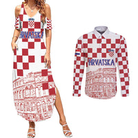 Croatia Football 2025 Custom Couples Matching Summer Maxi Dress and Long Sleeve Button Shirt White Hrvatska Kockasti - Pula Arena