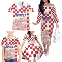 Croatia Football 2025 Custom Family Matching Off The Shoulder Long Sleeve Dress and Hawaiian Shirt White Hrvatska Kockasti - Pula Arena