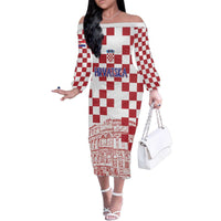 Croatia Football 2025 Custom Family Matching Off The Shoulder Long Sleeve Dress and Hawaiian Shirt White Hrvatska Kockasti - Pula Arena