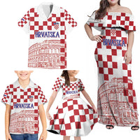 Croatia Football 2025 Custom Family Matching Off Shoulder Maxi Dress and Hawaiian Shirt White Hrvatska Kockasti - Pula Arena