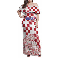 Croatia Football 2025 Custom Family Matching Off Shoulder Maxi Dress and Hawaiian Shirt White Hrvatska Kockasti - Pula Arena