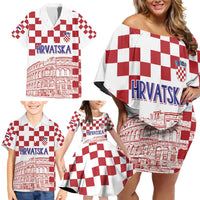 Croatia Football 2025 Custom Family Matching Off Shoulder Short Dress and Hawaiian Shirt White Hrvatska Kockasti - Pula Arena