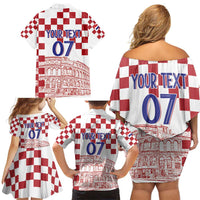 Croatia Football 2025 Custom Family Matching Off Shoulder Short Dress and Hawaiian Shirt White Hrvatska Kockasti - Pula Arena