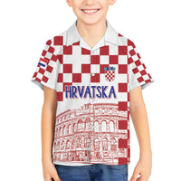 Croatia Football 2025 Custom Family Matching Off Shoulder Short Dress and Hawaiian Shirt White Hrvatska Kockasti - Pula Arena
