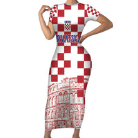 Croatia Football 2025 Custom Family Matching Short Sleeve Bodycon Dress and Hawaiian Shirt White Hrvatska Kockasti - Pula Arena
