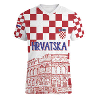 Croatia Football 2025 Custom Women V-Neck T-Shirt White Hrvatska Kockasti - Pula Arena