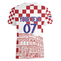 Croatia Football 2025 Custom Women V-Neck T-Shirt White Hrvatska Kockasti - Pula Arena