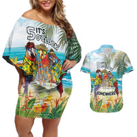 It's 5 o'clock Somewhere Couples Matching Off Shoulder Short Dress and Hawaiian Shirt Beach Party - Wonder Print Shop