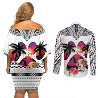 Polynesian Couples Matching Off Shoulder Short Dress and Long Sleeve Button Shirts Dog Lover With Beagle - Sunset At The Beach White Ver LT7 - Wonder Print Shop