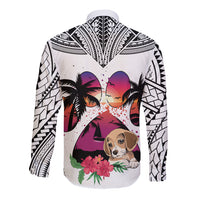 Polynesian Long Sleeve Button Shirt Dog Lover With Beagle - Sunset At The Beach White Ver - Wonder Print Shop